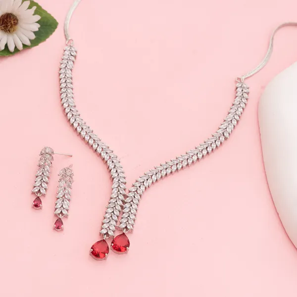 Silver_&_Red_Stainless_Steel_Long_Tassel_Ruby_Teardrop_Necklace_Set_For_Women