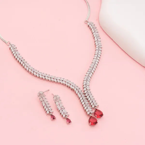 Silver_&_Red_Stainless_Steel_Long_Tassel_Ruby_Teardrop_Necklace_Set_For_Women