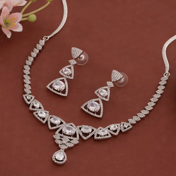 Silver_Stainless_Steel_All_Crystal_Cluster_Necklace_Set_For_Women