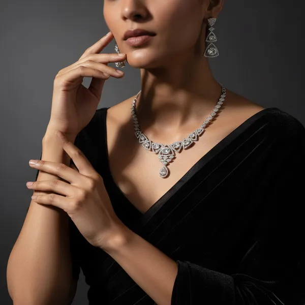 Silver_Stainless_Steel_All_Crystal_Cluster_Necklace_Set_For_Women
