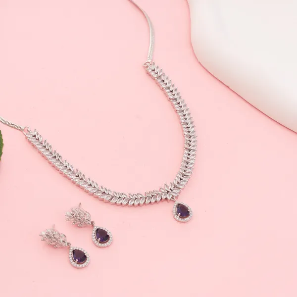 Silver_&_Purple_Stainless_Steel_Teardrop_Crystal_Necklace_Set_For_Women