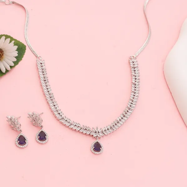 Silver_&_Purple_Stainless_Steel_Teardrop_Crystal_Necklace_Set_For_Women