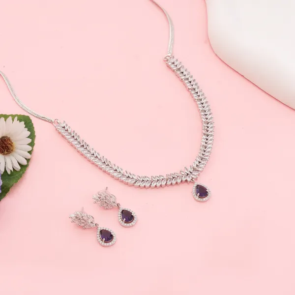 Silver_&_Purple_Stainless_Steel_Teardrop_Crystal_Necklace_Set_For_Women