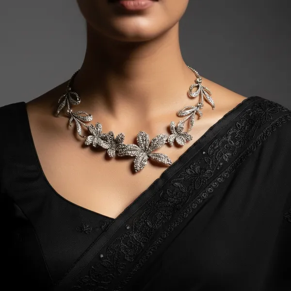 Grey_Silver_Stainless_Steel_Tone_Crystal_Vine_Necklace_For_Women