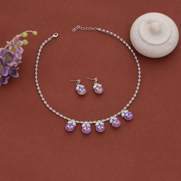 Silver_&_Purple_Stainless_Steel_Crystal_Drop_Necklace_Set_For_Women