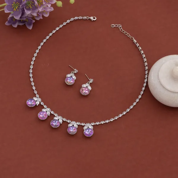 Silver_&_Purple_Stainless_Steel_Crystal_Drop_Necklace_Set_For_Women