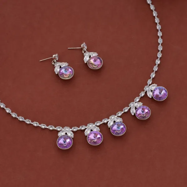 Silver_&_Purple_Stainless_Steel_Crystal_Drop_Necklace_Set_For_Women