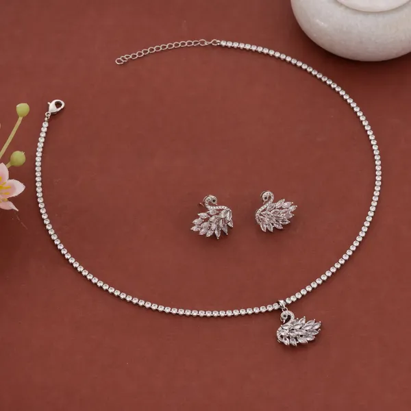 Silver_Stainless_Steel_All_Crystal_Swan_Pendant_Tennis_Chain_Set_For_Women
