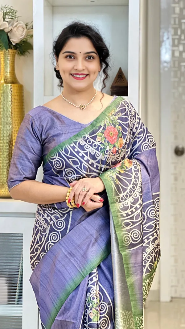 Soft_Tussar_Silk_Sarees_With_Beautiful_Print_With_Attractive_Zari_Line_Saree_And_Print_Blouse_With_Tassels