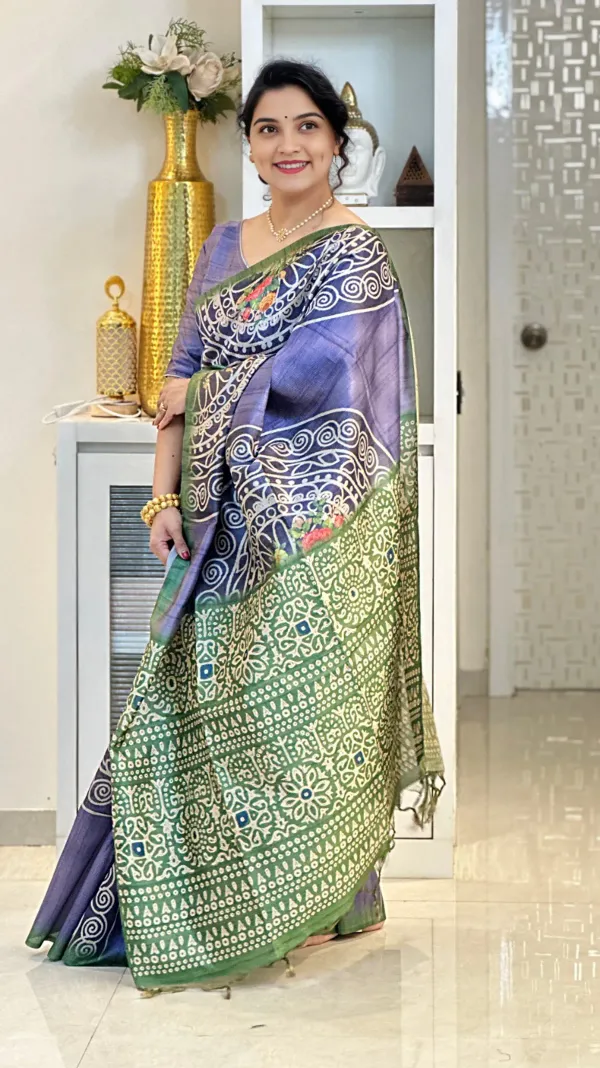 Soft_Tussar_Silk_Sarees_With_Beautiful_Print_With_Attractive_Zari_Line_Saree_And_Print_Blouse_With_Tassels