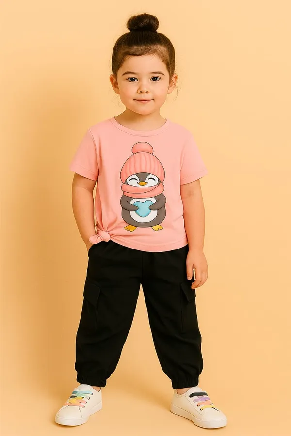 Light_Pink_Kids_Penguin_Printed_T-Shirt_With_Black_Cargo_Jogger_Pants