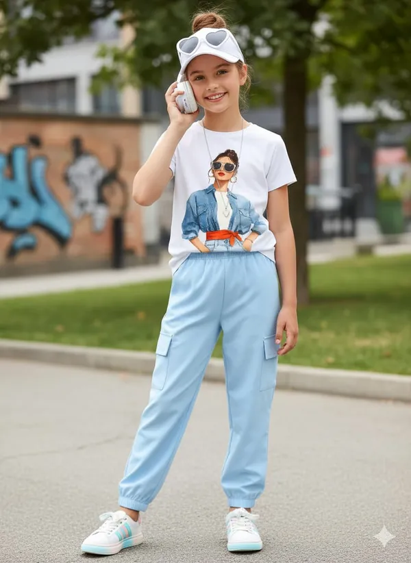White_Stylish_Kids_Printed_T-Shirt_And_Blue_Cargo_Jogger_Set