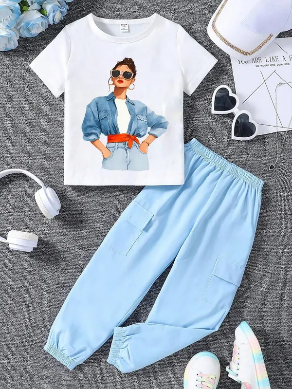 White_Stylish_Kids_Printed_T-Shirt_And_Blue_Cargo_Jogger_Set
