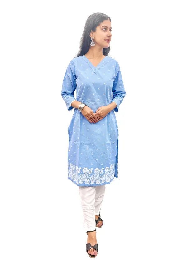 Blue_Pure_Cotton_Kurti_&_Pant_Set_For_Women