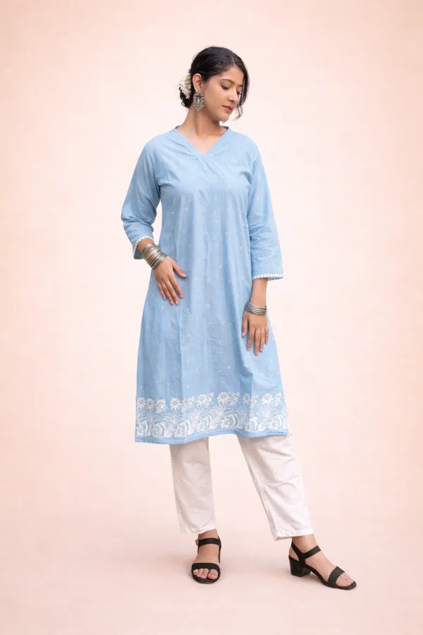 Blue_Pure_Cotton_Kurti_&_Pant_Set_For_Women
