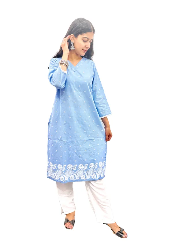 Blue_Pure_Cotton_Kurti_&_Pant_Set_For_Women