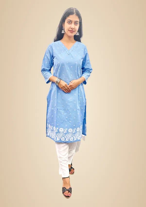 Blue_Pure_Cotton_Kurti_&_Pant_Set_For_Women