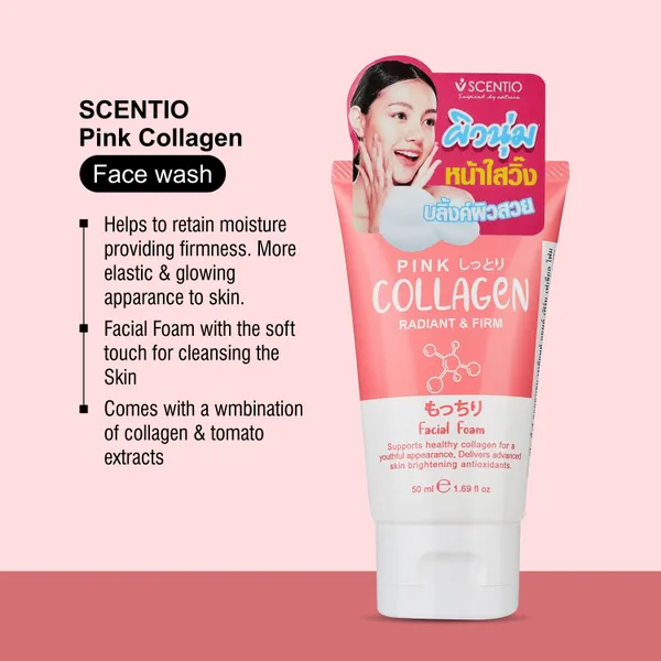 SCENTIO_Pink_COLLAGEN_(MADE_IN_THAILAND)_Face_wash_has_Hyaluronic_that_Anti_wrinkle,_firm_skin_&_glow_skin._Organic,_SLS_&_Paraben_free_50ML