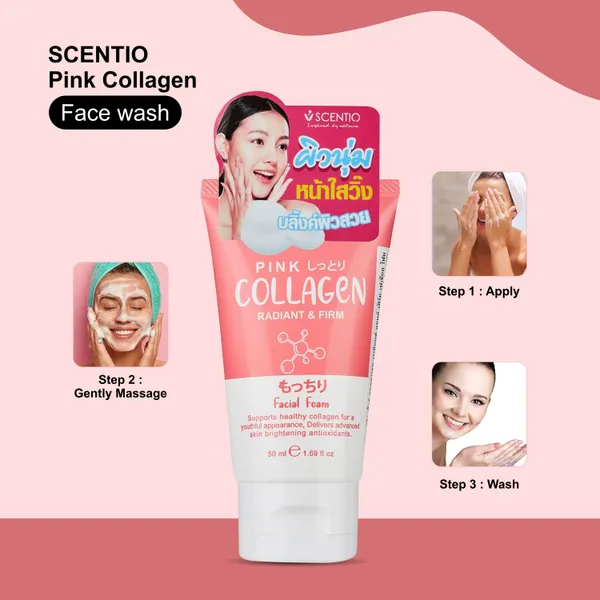 SCENTIO_Pink_COLLAGEN_(MADE_IN_THAILAND)_Face_wash_has_Hyaluronic_that_Anti_wrinkle,_firm_skin_&_glow_skin._Organic,_SLS_&_Paraben_free_50ML