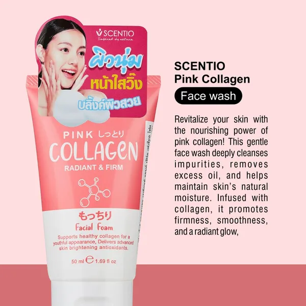 SCENTIO_Pink_COLLAGEN_(MADE_IN_THAILAND)_Face_wash_has_Hyaluronic_that_Anti_wrinkle,_firm_skin_&_glow_skin._Organic,_SLS_&_Paraben_free_50ML