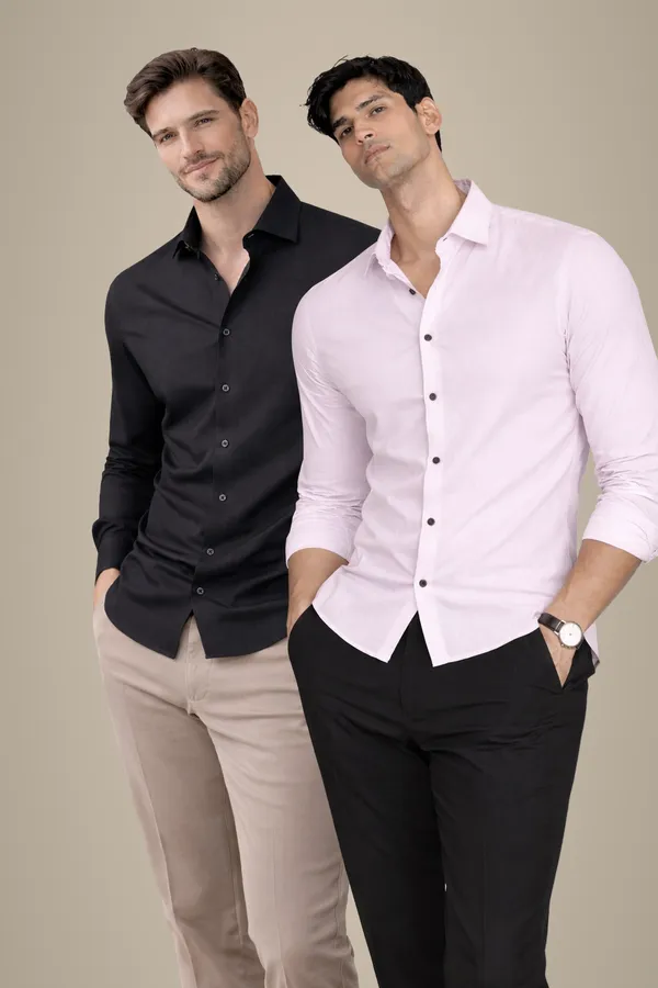 Black_Satin_Checkered_Shirt_And_Soft_Pink_Linen_Premium_Shirt_For_Men_Pack_Of_2