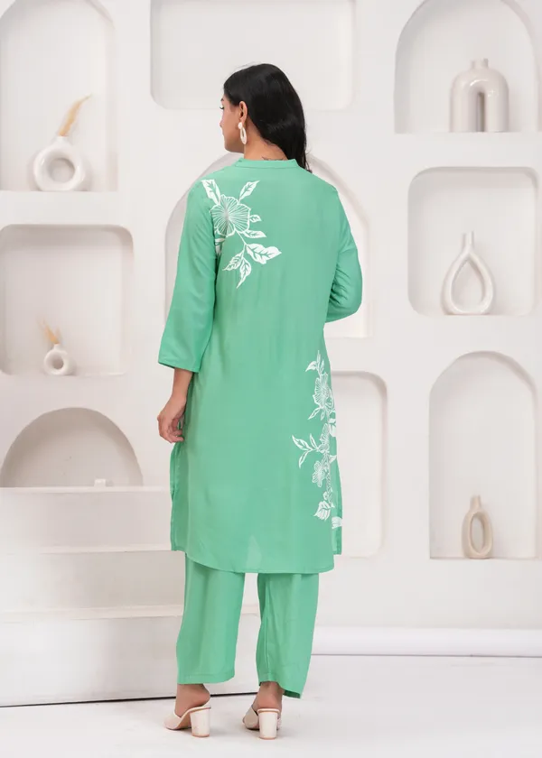 Green__Pure_Cotton_Co-Ord_Set_With_White_Flower_Print_For_Women