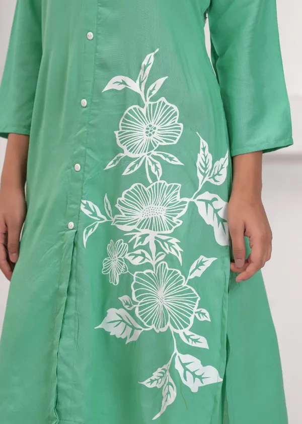 Green__Pure_Cotton_Co-Ord_Set_With_White_Flower_Print_For_Women