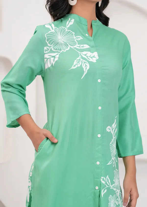 Green__Pure_Cotton_Co-Ord_Set_With_White_Flower_Print_For_Women