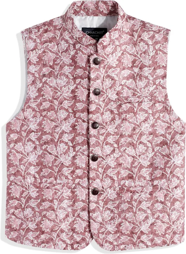 Pink_Cotton_Blend_Floral_Print_Sleeveless_Nehru_Jacket_For_Boys