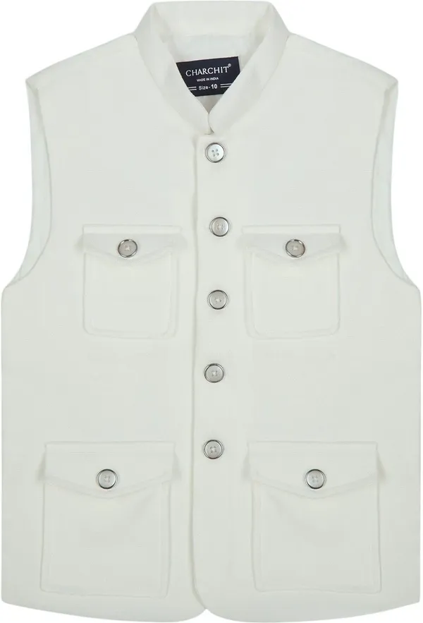 White_Cotton_Blend_Solid_Sleeveless_Nehru_Jacket_For_Boys
