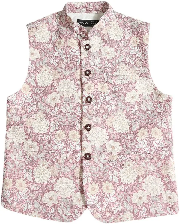 Pink_Pure_Cotton_Embroidered::Printed_Sleeveless_Nehru_Jacket_For_Boys