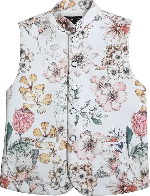 Yellow_Pure_Cotton_Floral_Print_Sleeveless_Nehru_Jacket_For_Boys