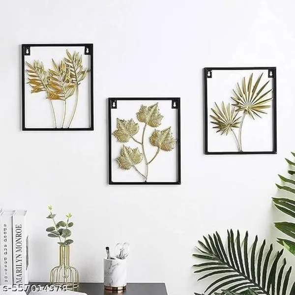 Set_Of_3_Black_Room_Wall_Decor_Metal_Leaf_Art_Unique_Bamboo_Wall_Hanging_Home_Present_(12_X_2_X_35_Inch)