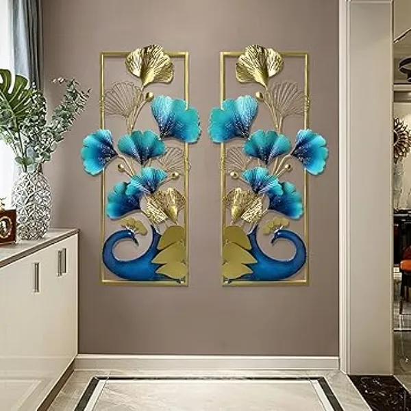 Set_Of_2_Multicolor_Metal_Iron_(Peacock_Iris_Frame_S2)_Decorative_Wall_Art/Sculpture_For_Home_Living_Room/Bedroom/Hotels/Office/Cafe_Etc._Size__(87x30x46_cm)
