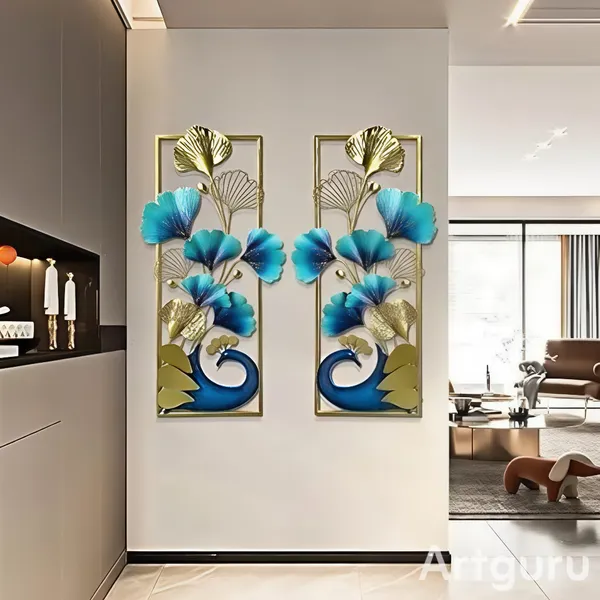 Set_Of_2_Multicolor_Metal_Iron_(Peacock_Iris_Frame_S2)_Decorative_Wall_Art/Sculpture_For_Home_Living_Room/Bedroom/Hotels/Office/Cafe_Etc._Size__(87x30x46_cm)