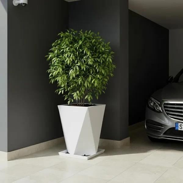 White_Audi_Planter_Roto_Mould_Modern_Geometric_Planter_With_Saucer_Text_Speckled_Indoor_Outdoor_Garden_Pot_Contemporary_Tape_Design_14_Inch