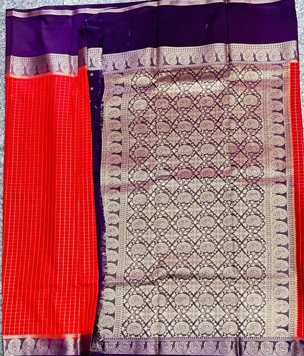 Blue_And_Red_Cotton_Premium_Quality_Semi_Mysore_Crepe_With_Zari_Weaving_Check_Design_And_Bentex_Border_Saree_For_Women