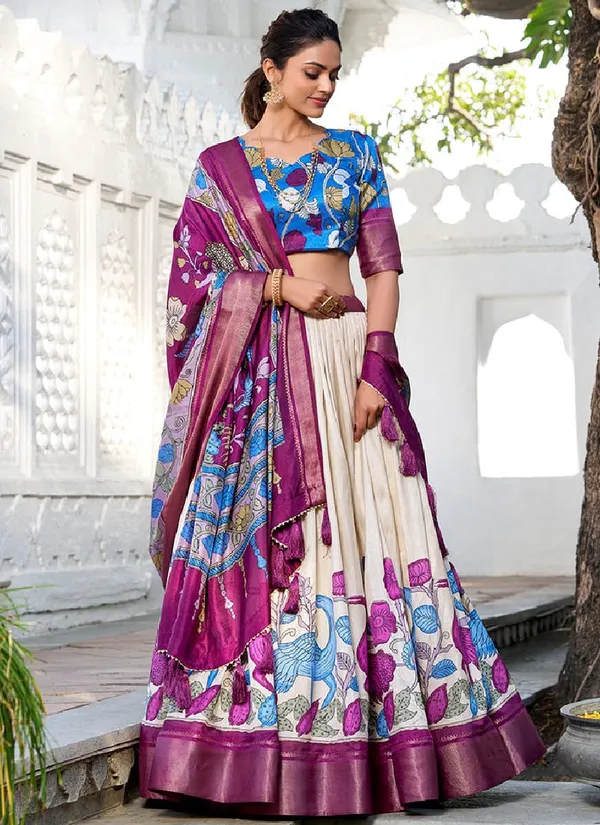 Pink_And_Off_white_Cotton_Semi_Stitched_Kalamkari_Lehenga_For_Women