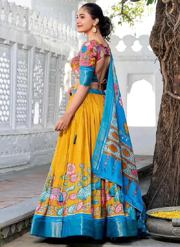 Yellow_And_Blue_Cotton_Crepe_Saree_For_Women