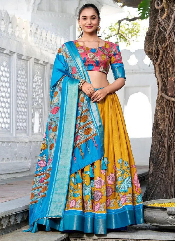Yellow_And_Blue_Cotton_Crepe_Saree_For_Women