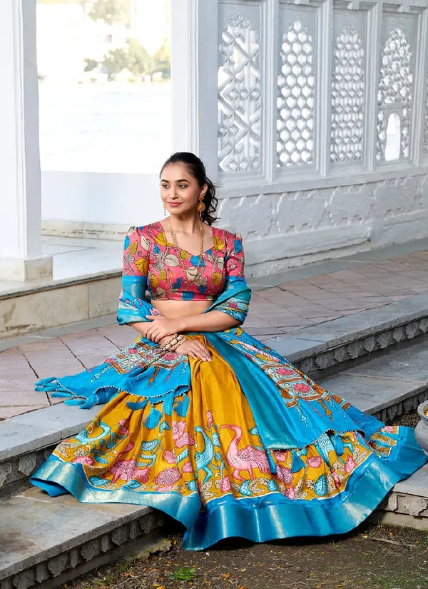 Yellow_And_Blue_Cotton_Crepe_Saree_For_Women
