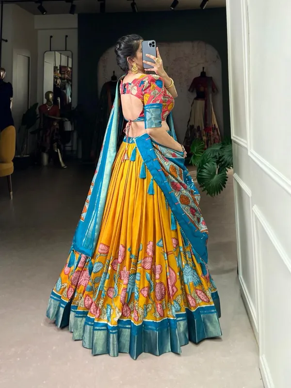 Yellow_And_Blue_Cotton_Crepe_Saree_For_Women