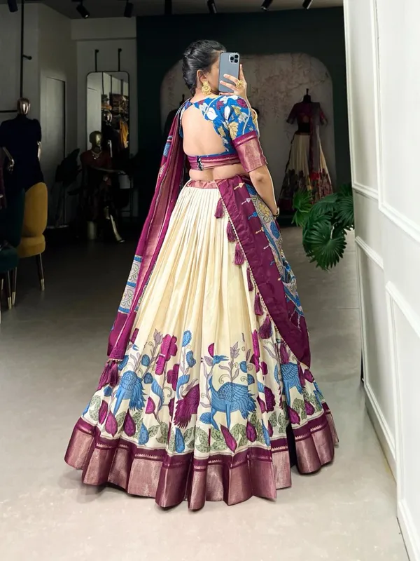 Pink_And_Off_white_Cotton_Semi_Stitched_Kalamkari_Lehenga_For_Women
