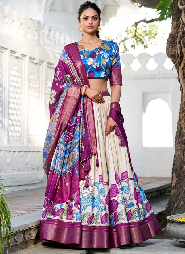 Pink_And_Off_white_Cotton_Semi_Stitched_Kalamkari_Lehenga_For_Women