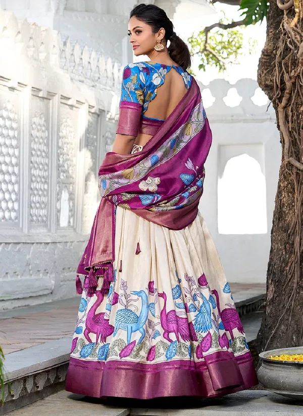 Pink_And_Off_white_Cotton_Semi_Stitched_Kalamkari_Lehenga_For_Women