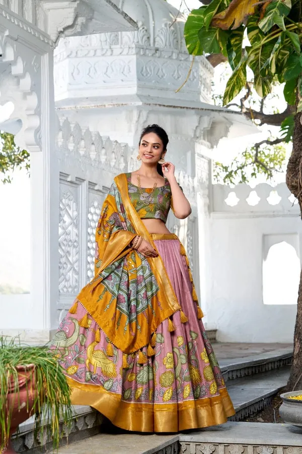 Yellow_Cotton_Semi_Stitched_Kalamkari_Lehenga_For_Women
