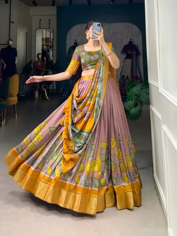 Yellow_Cotton_Semi_Stitched_Kalamkari_Lehenga_For_Women