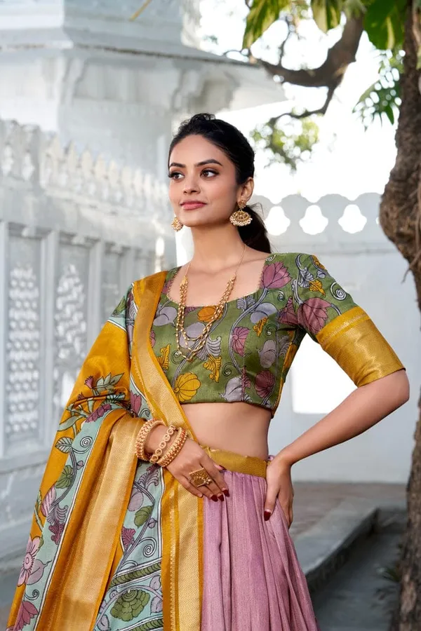 Yellow_Cotton_Semi_Stitched_Kalamkari_Lehenga_For_Women