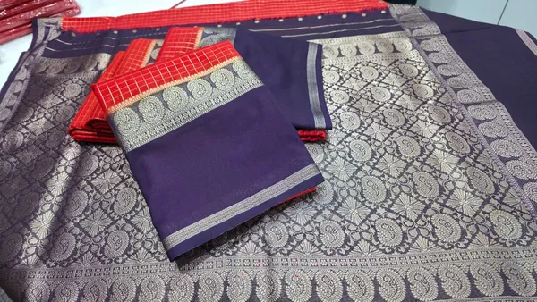 Blue_And_Red_Cotton_Premium_Quality_Semi_Mysore_Crepe_With_Zari_Weaving_Check_Design_And_Bentex_Border_Saree_For_Women