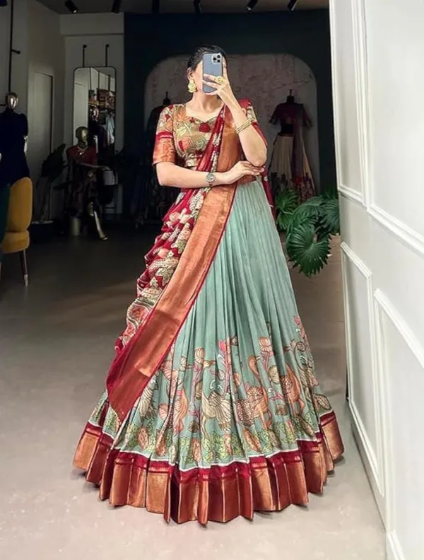 Red_And_Green_Cotton_Semi_Stitched_Kalamkari_Lahenga_For_Women
